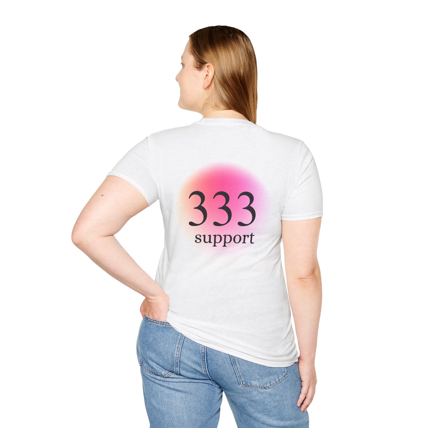 333 Support T‑Shirt — Spiritual Angel Number Tee (Back Gradient, Minimal Front)